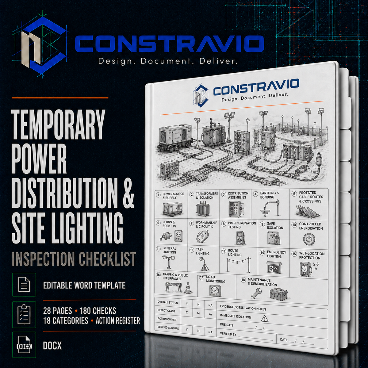 Temporary Power Distribution & Site Lighting Inspection Checklist – Editable Word Template