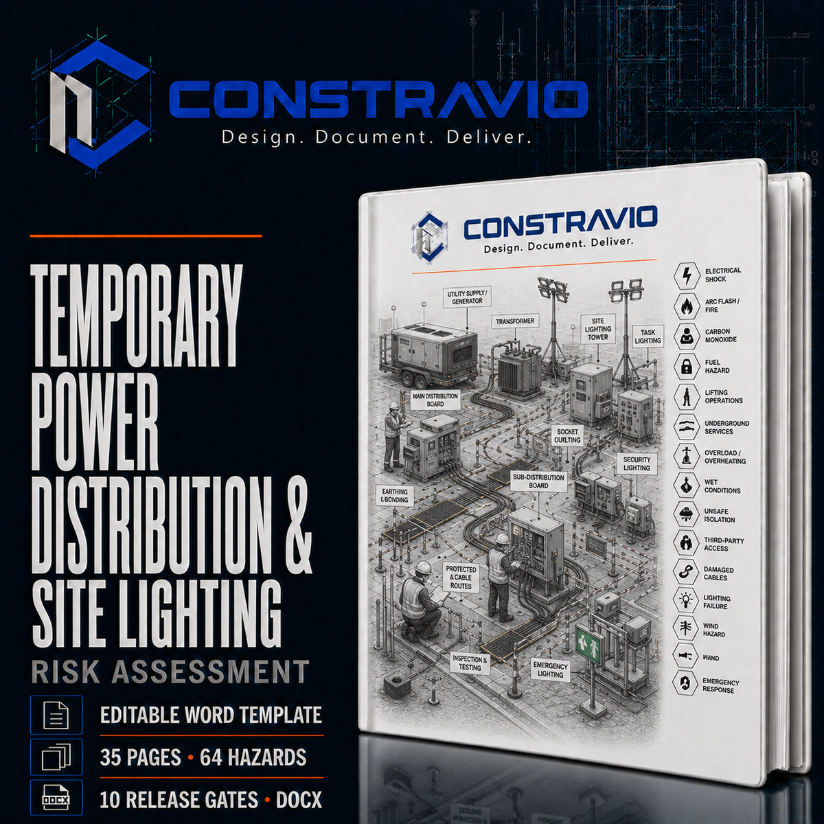 Temporary Power Distribution & Site Lighting Risk Assessment – Editable Word Template